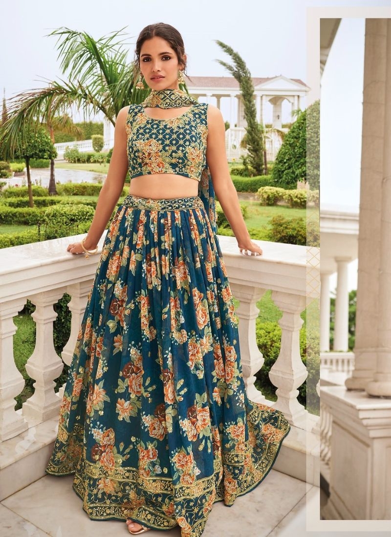 Designer floral printed embroidered Lehenga choli in blue