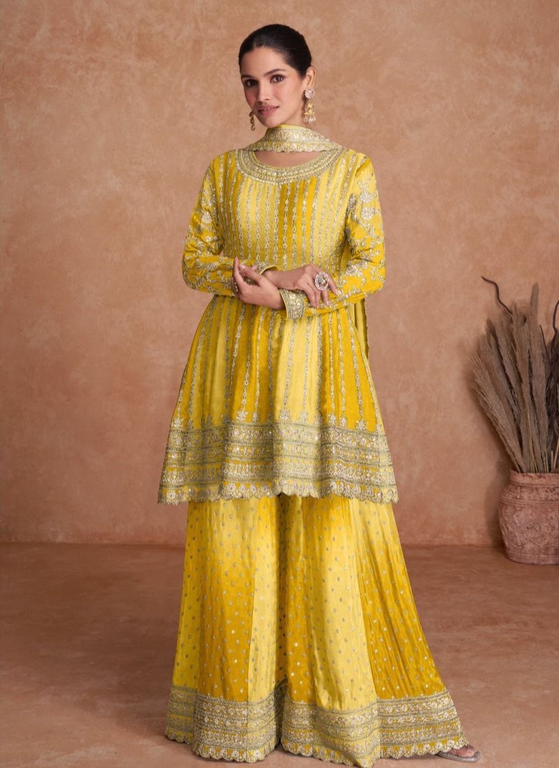 Stunning embroidered sharara suit & dupatta in yellow