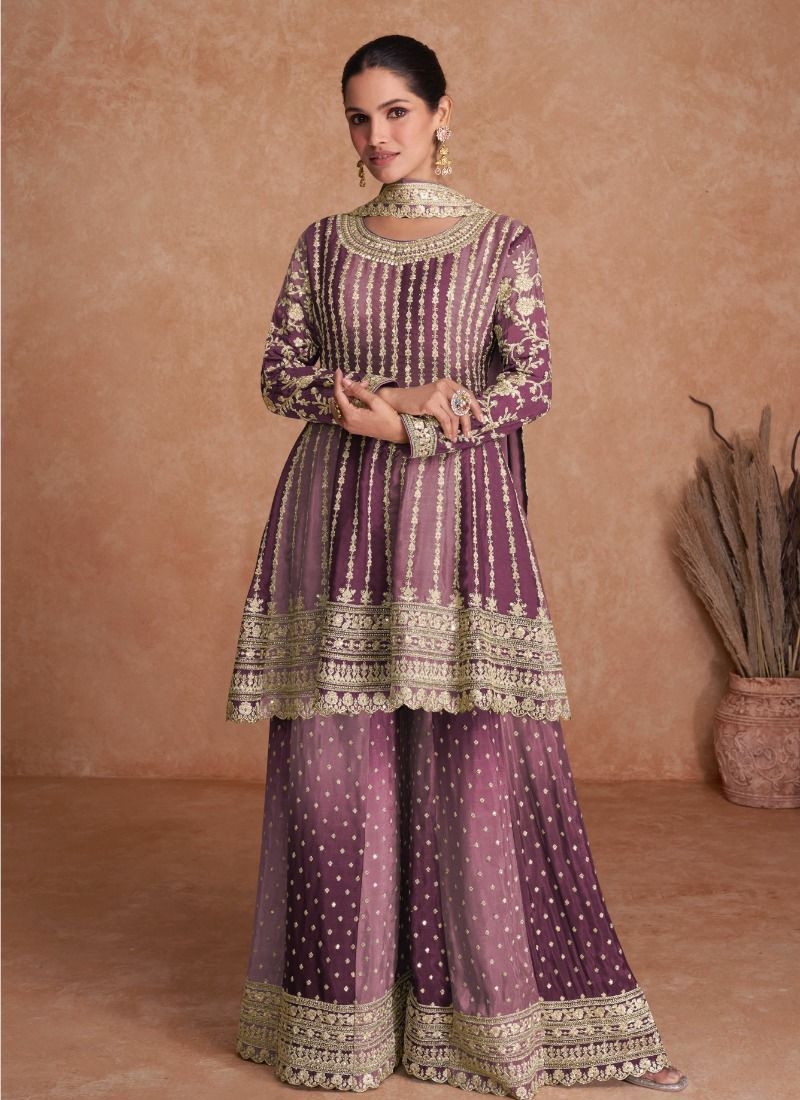 Stunning embroidered sharara suit & dupatta in purple