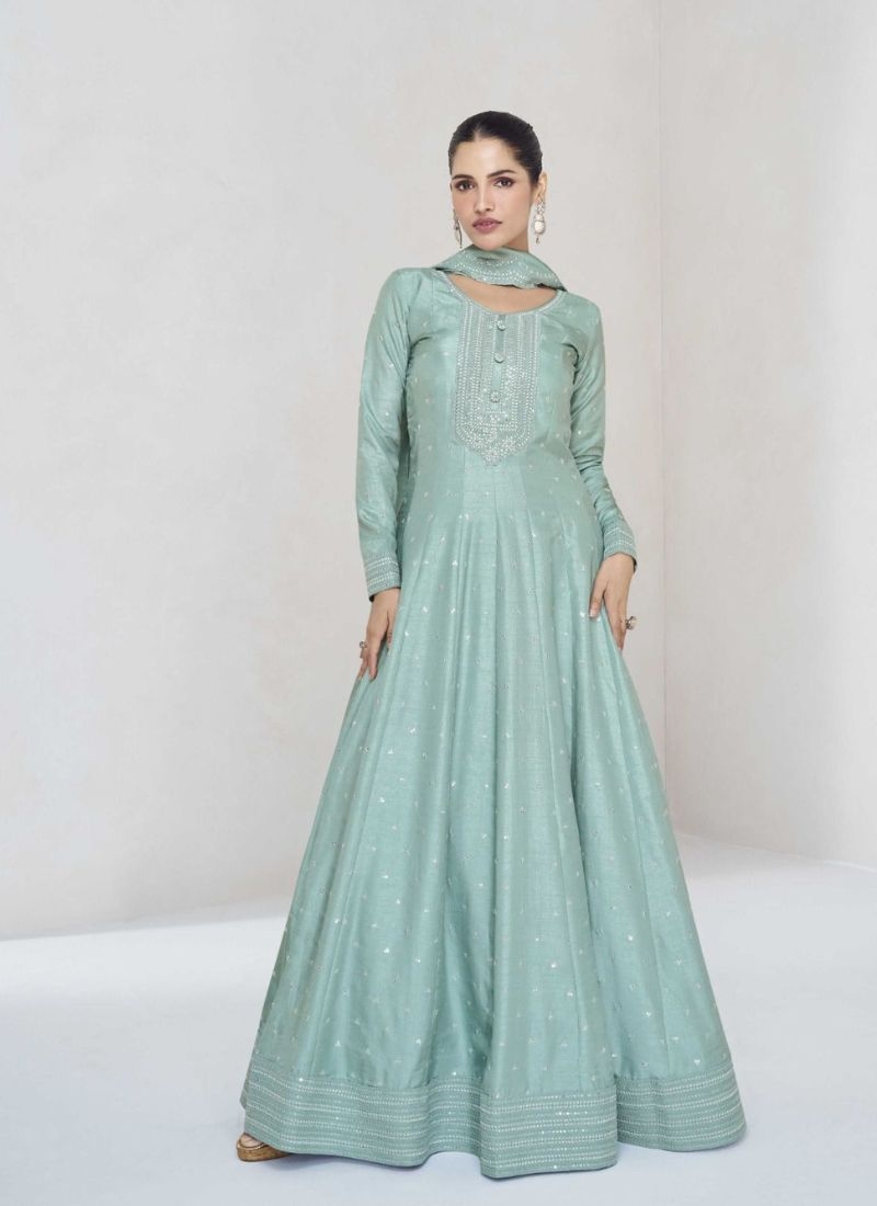 Premium embroidered silk anarkali suit in green