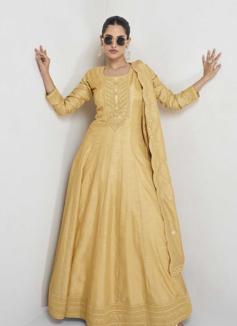 Premium emboidered silk anarkali suit in yellow