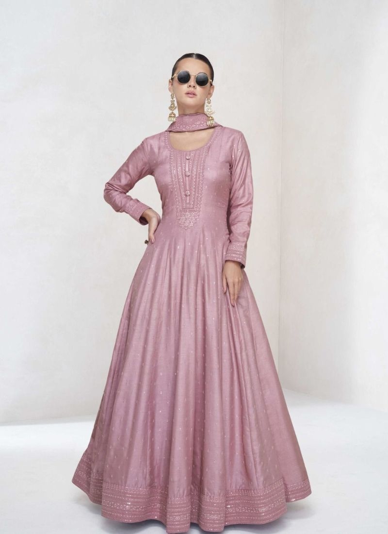 Premium emboidered silk anarkali suit in pink