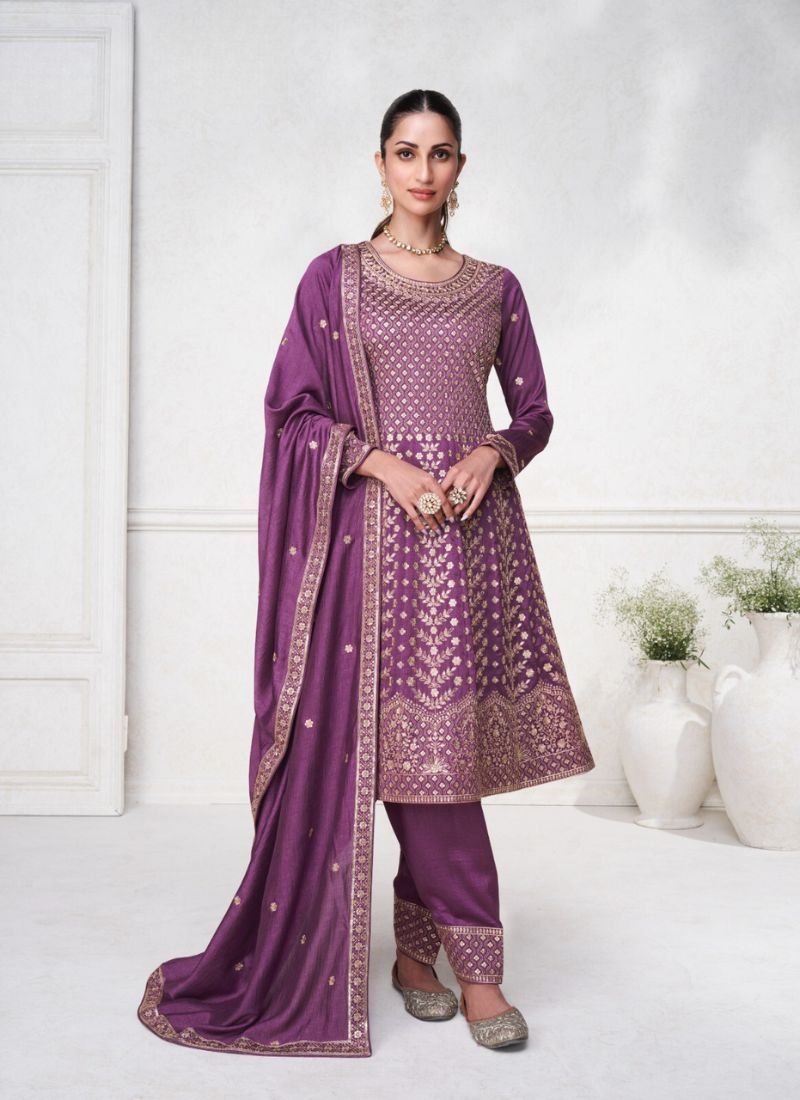 Stunning zari embroidered salwar suit & dupatta in purple