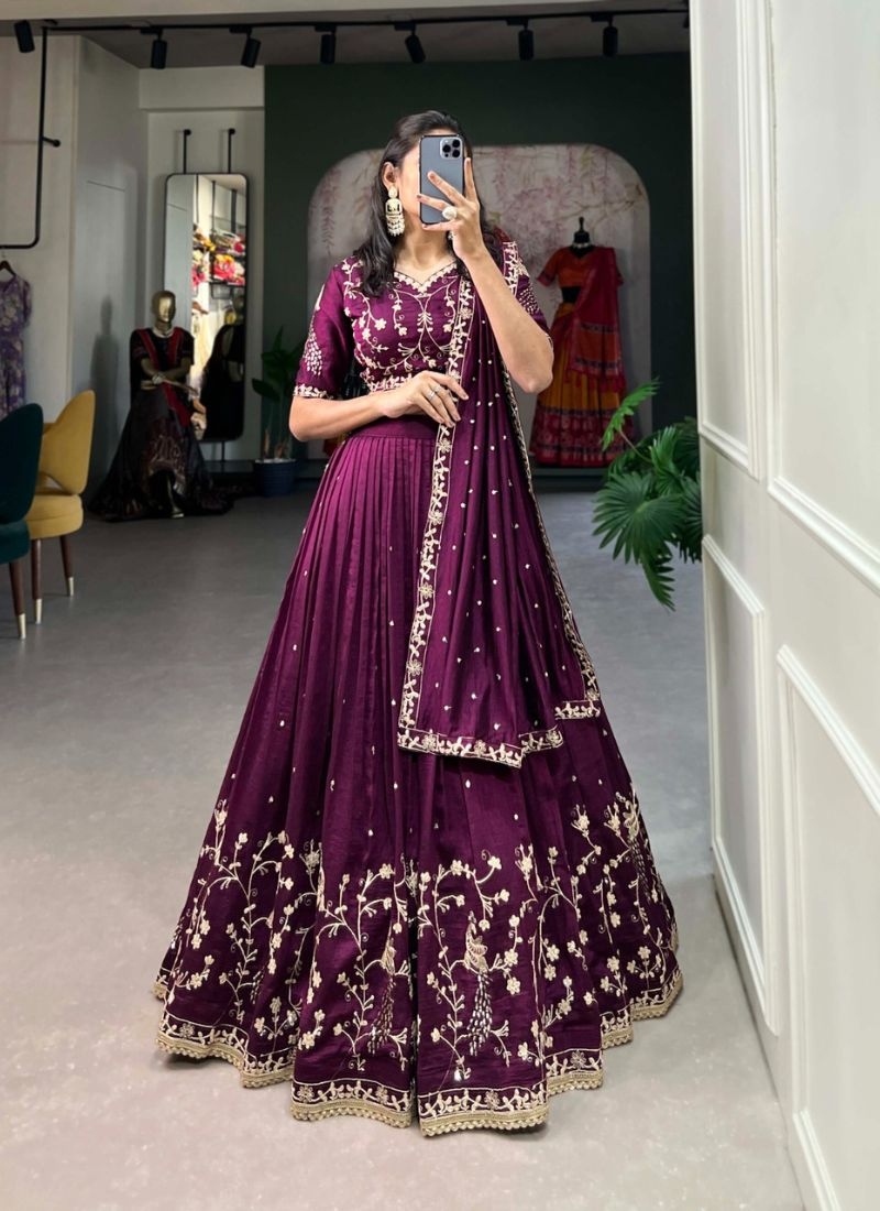 Stunning embroidered silk lehenga choli in dark purple