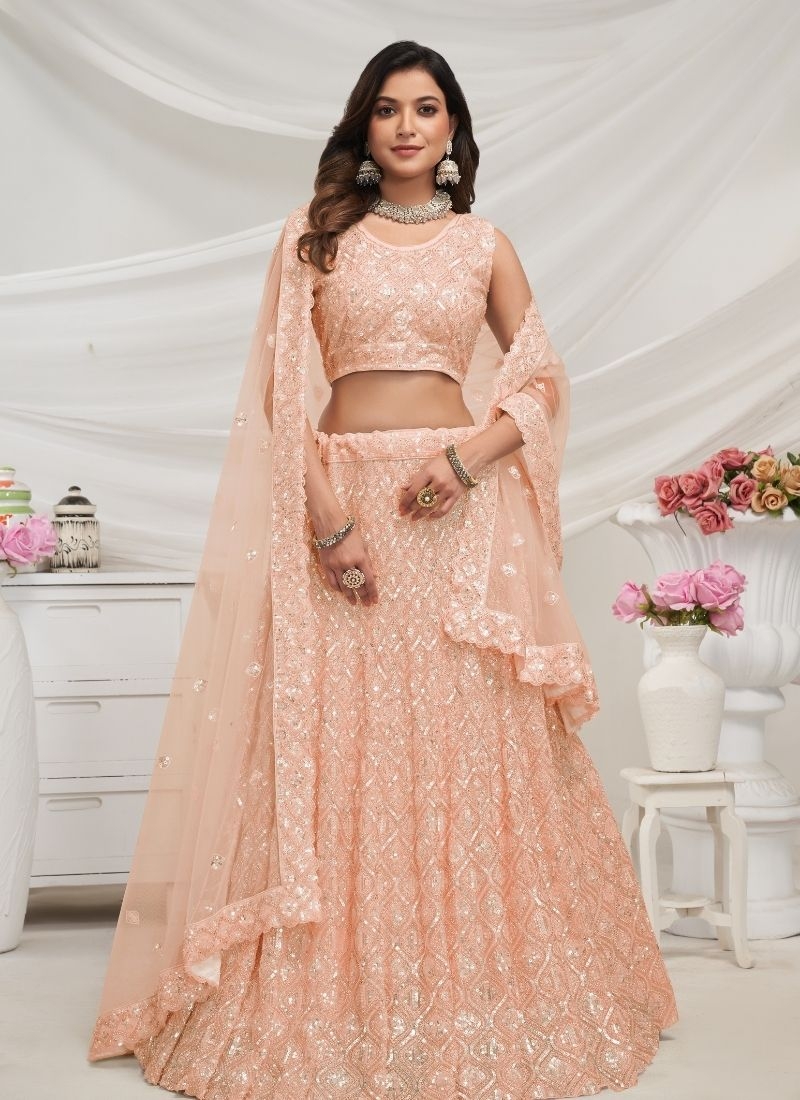 Exquisite Diamond Pattern Stone & Cut Daana Embroidered Bridal Lehenga in peach