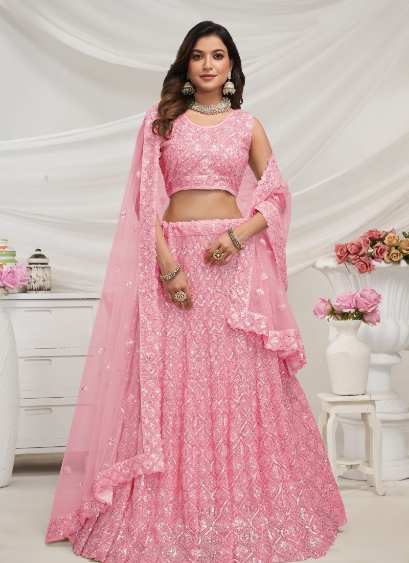 Exquisite Diamond Pattern Stone & Cut Daana Embroidered Bridal Lehenga in pink