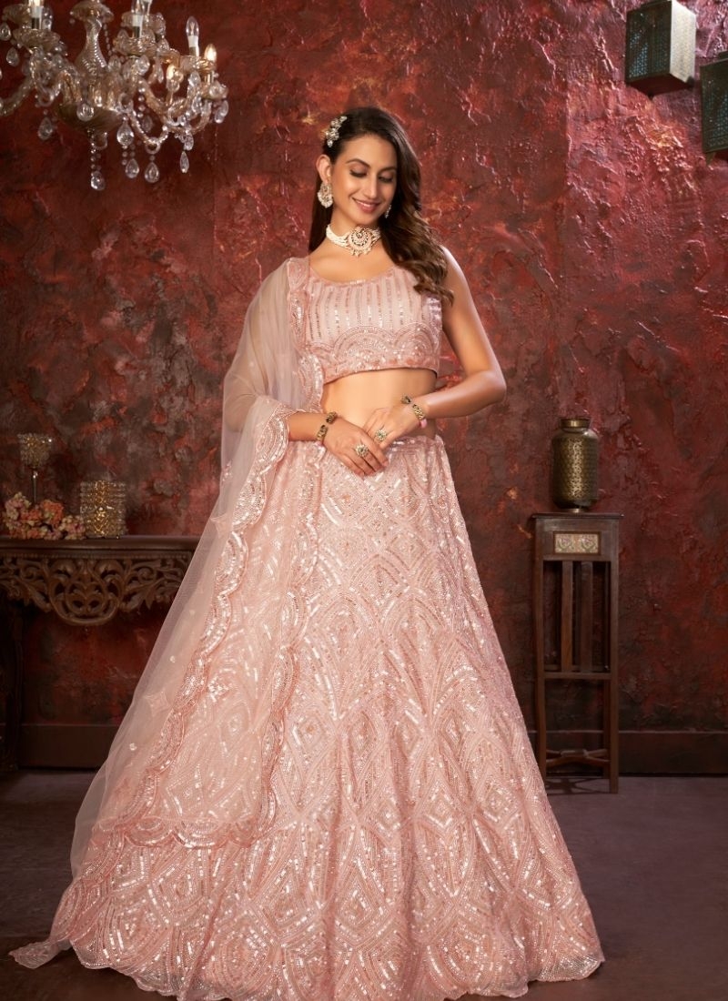 Mauve shadow Geometric Patterned Bridal Lehenga in nude pink