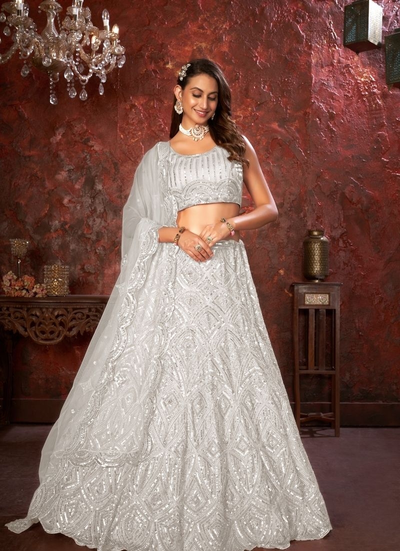 Mauve shadow geometric patterned bridal lehenga in white