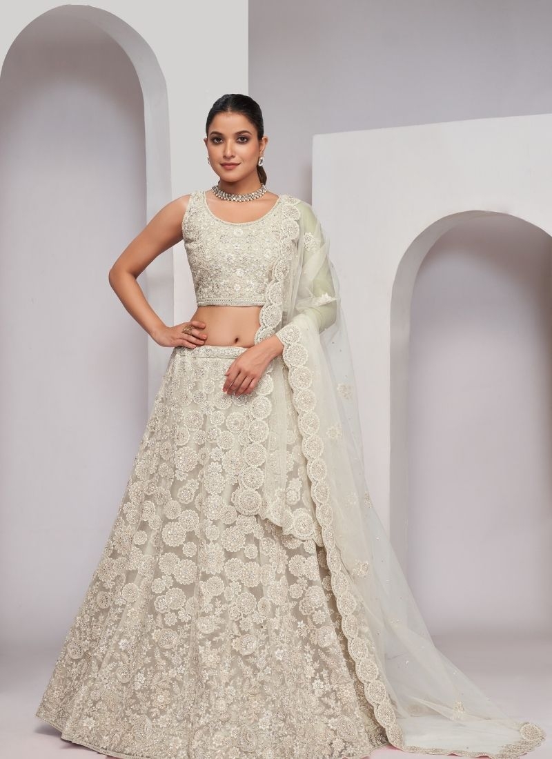 Girlish floral pattern thread and sequins work elegant lehenga in white