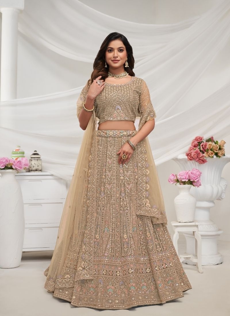 Designer Pattern beautiful sequin and  Zari work bridal lehenga in beige