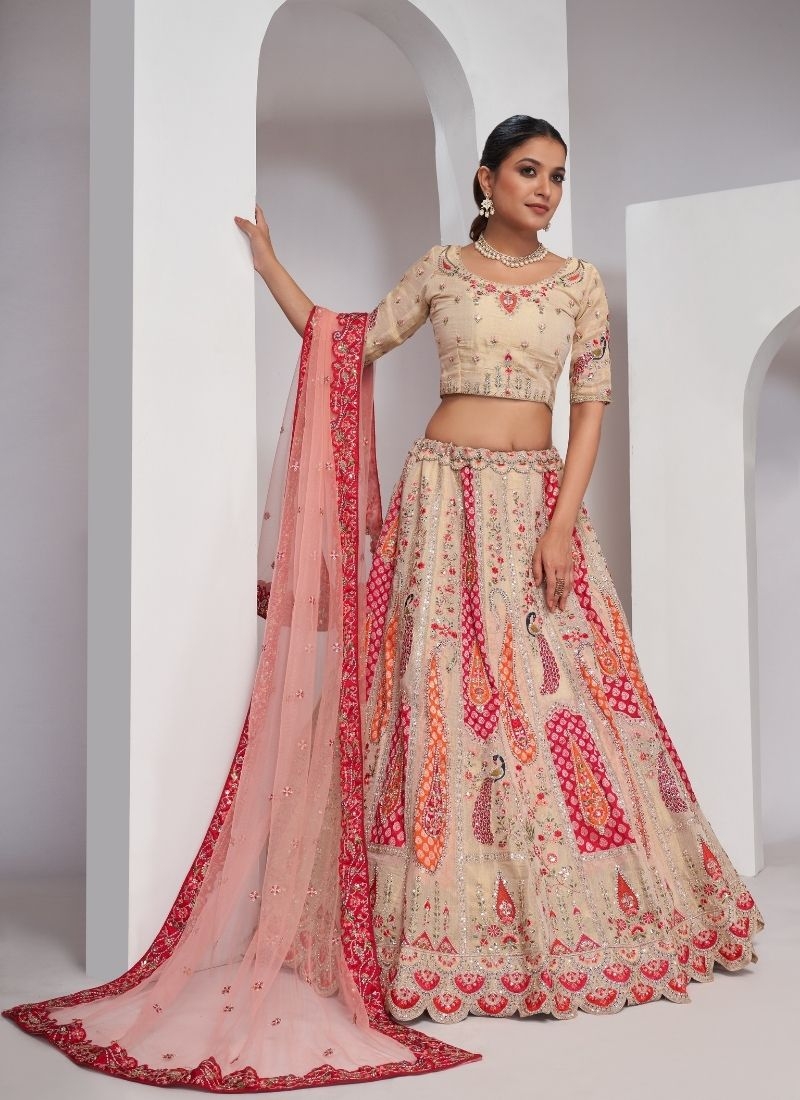 Elegant Peacock and Paisley motifs Silk traditional lehenga choli in cream