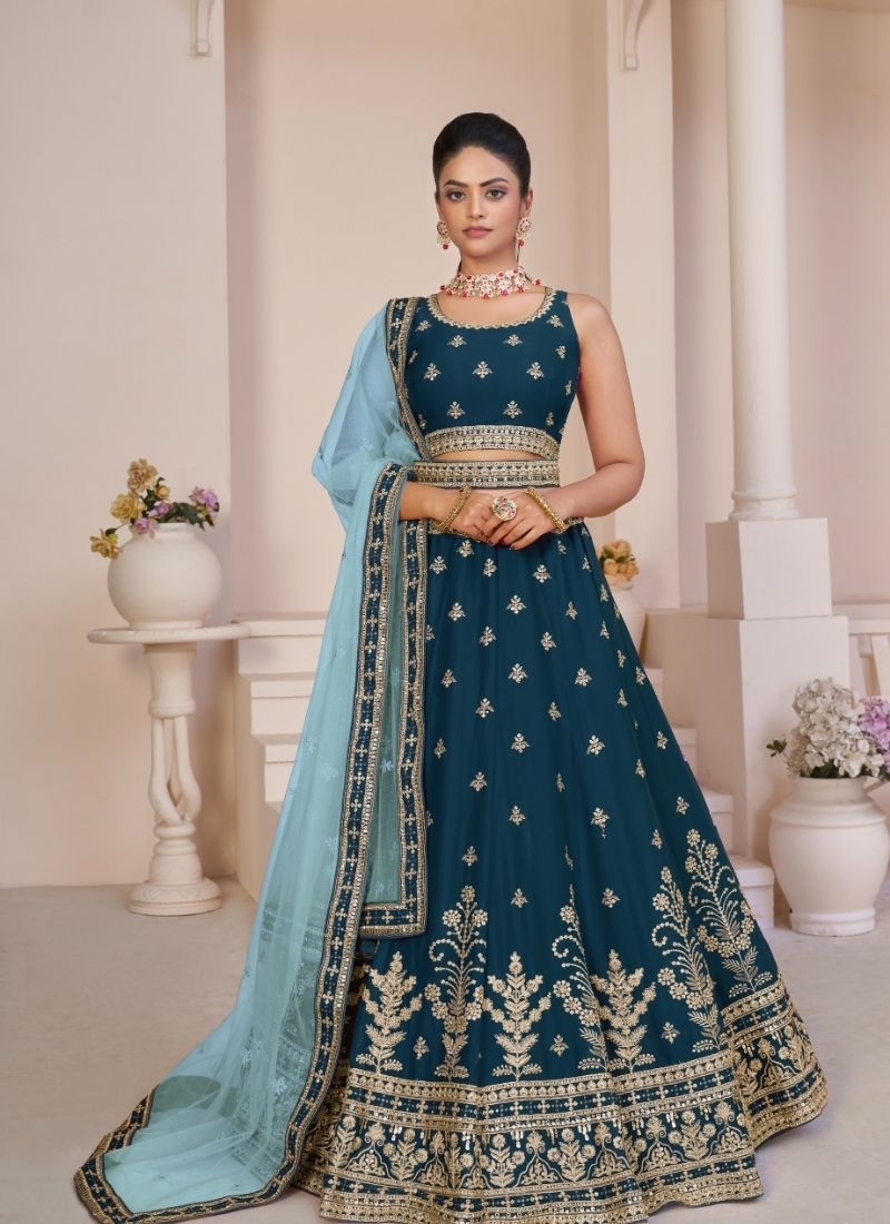 pretty embroidered  Zari and sequins work perfect stylish lehenga in blue