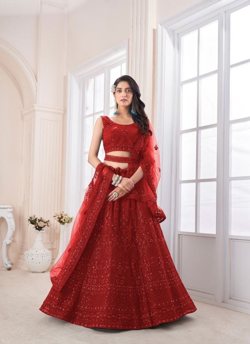 zari lehenga with Zari and thread work bridal lehenga in red