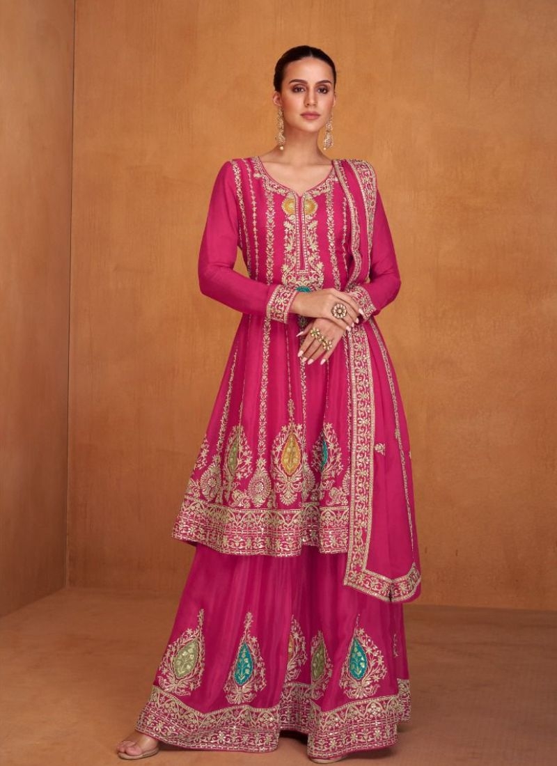 Gorgeous floral thread embroidered chinon salwar suit in pink