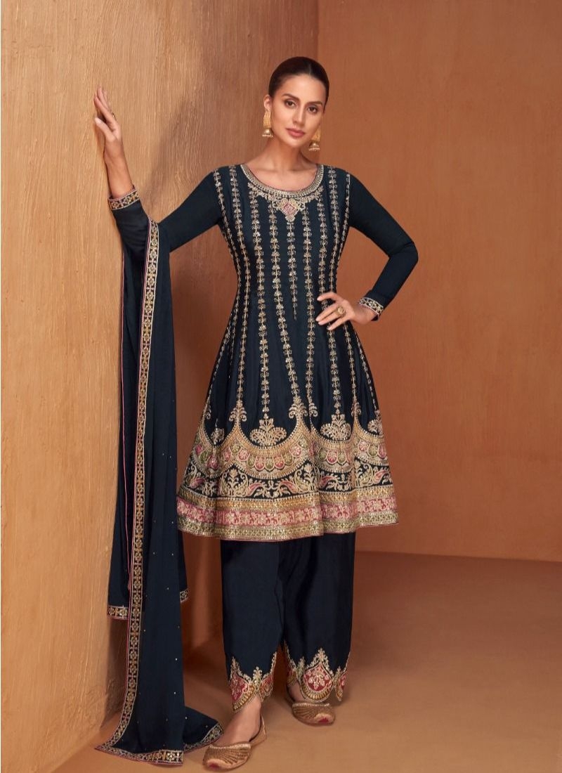 Gorgeous floral thread embroidered chinon salwar suit in black