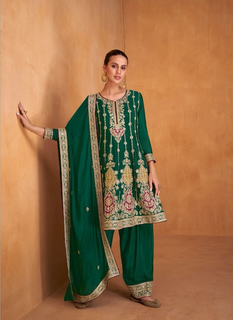 Gorgeous floral thread embroidered chinon salwar suit in dark green