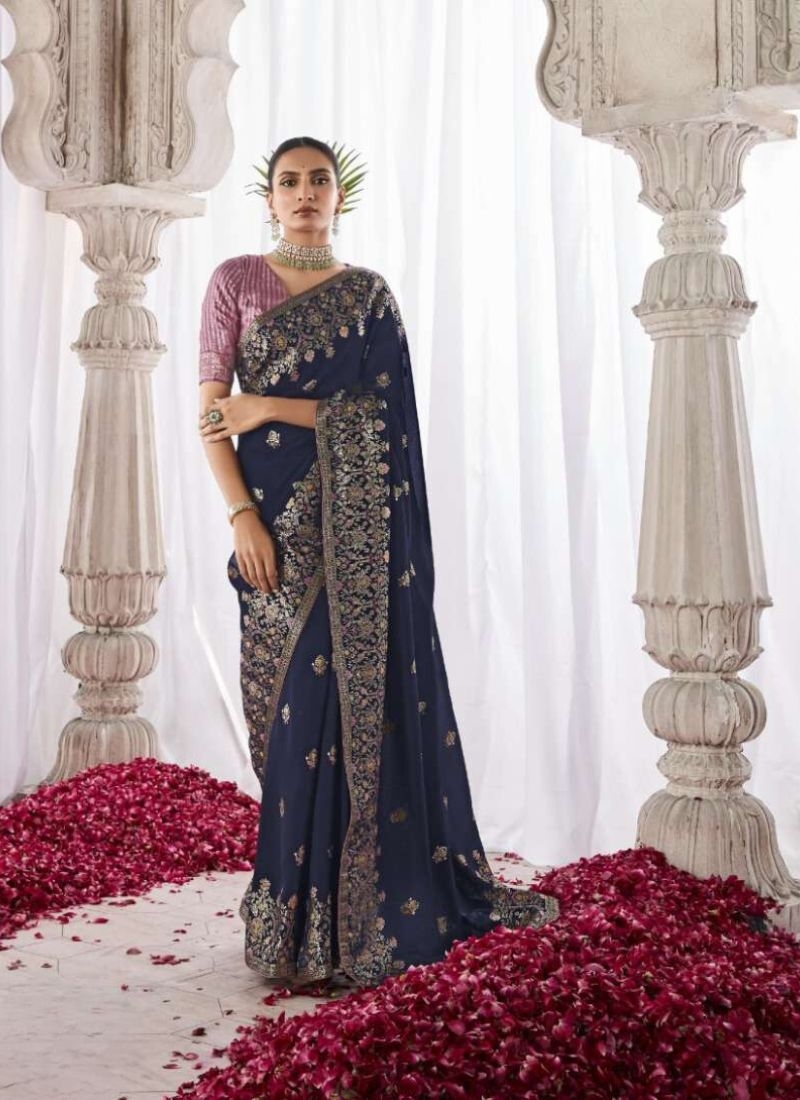 Designer meenakari work silk saree in navy blue