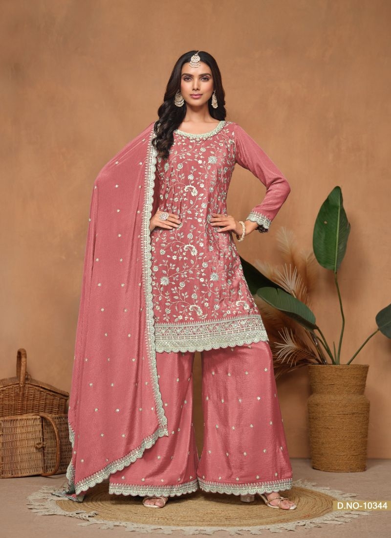 Silver thread embroidered chinon palazzo suit in pink