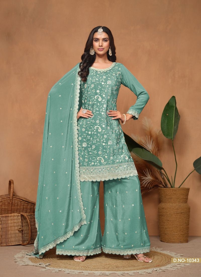 Silver thread embroidered chinon palazzo suit in green