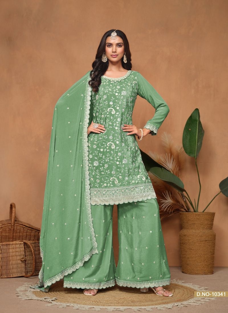 Silver thread embroidered chinon palazzo suit in light green