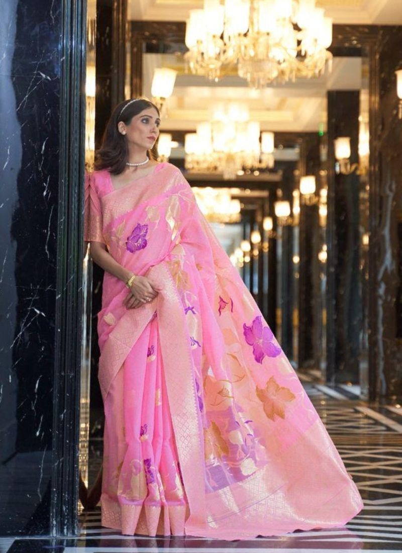 Beautiful festive linen saree with weaving pattern in pink