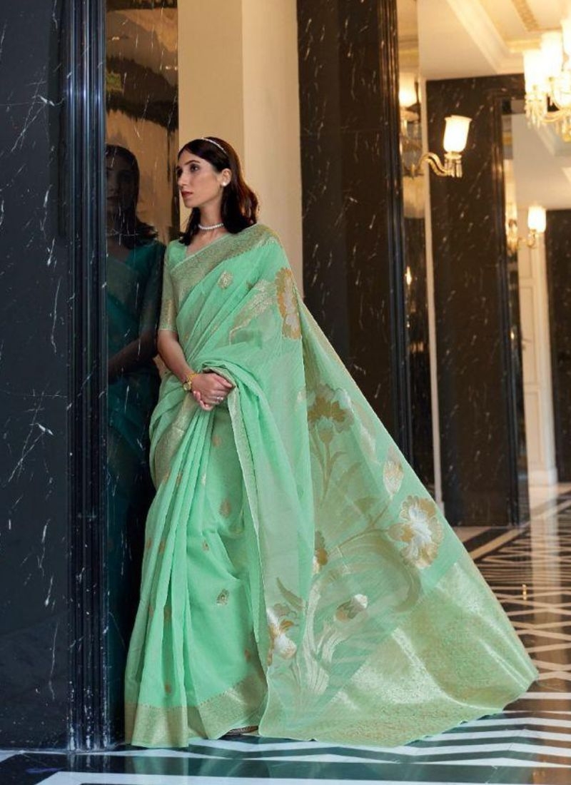 Beautiful festive linen saree with weaving pattern in green