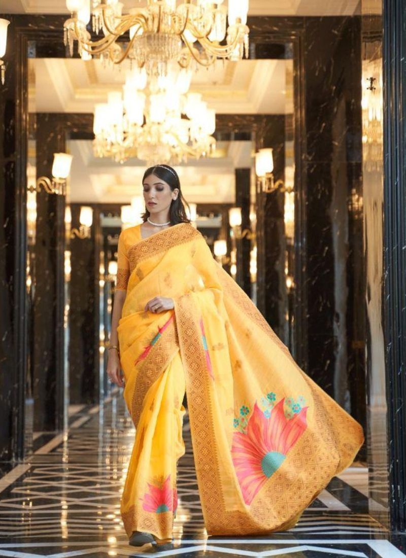 Beautiful festive linen saree with weaving pattern in yellow