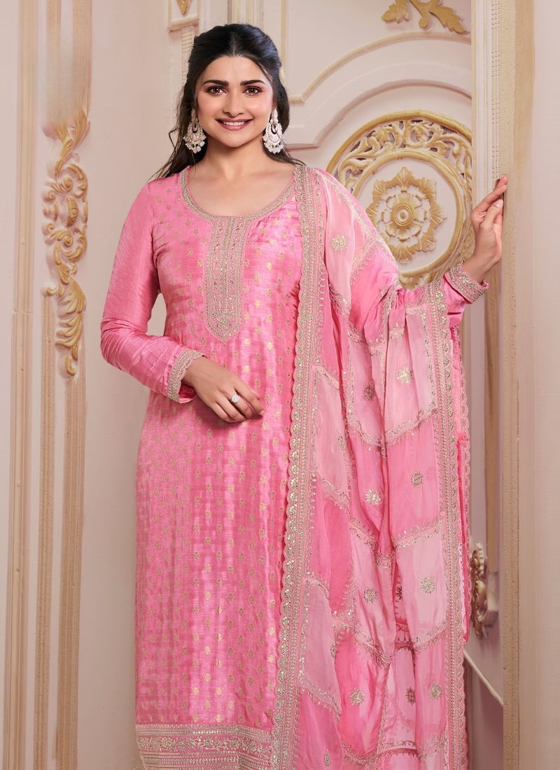 Designer organza pantsuit with silk dupatta in pink