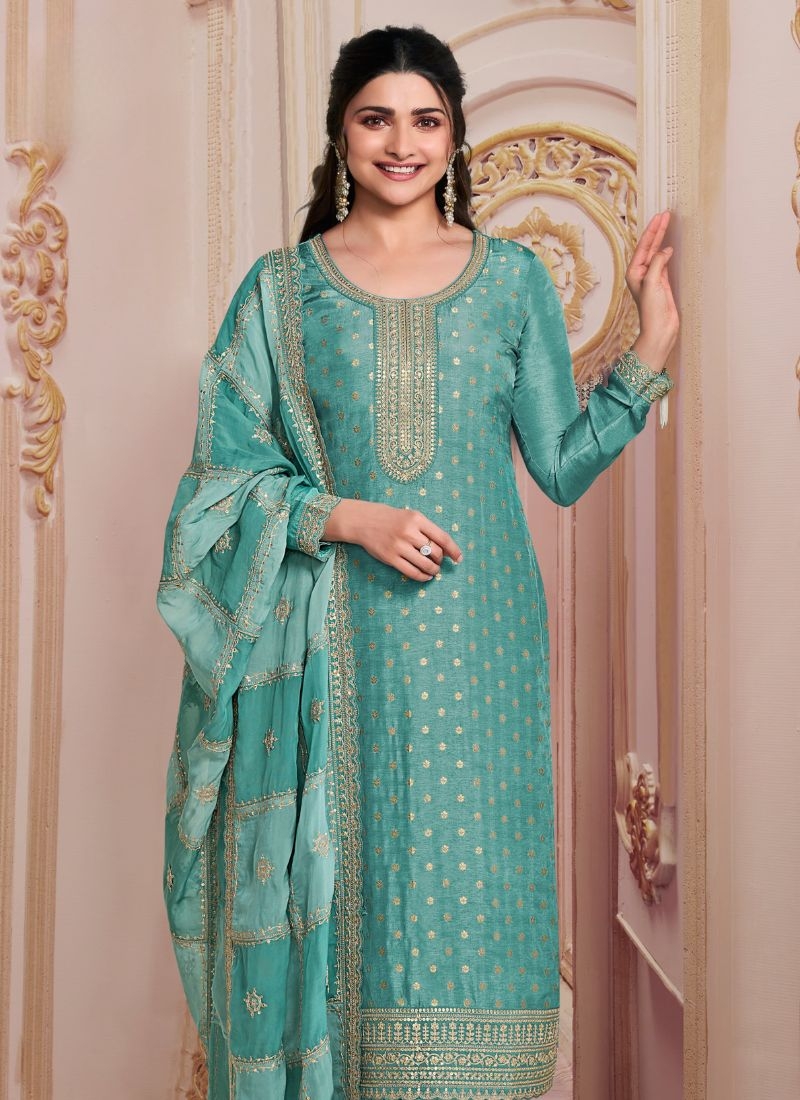 Designer organza pantsuit with silk dupatta in green