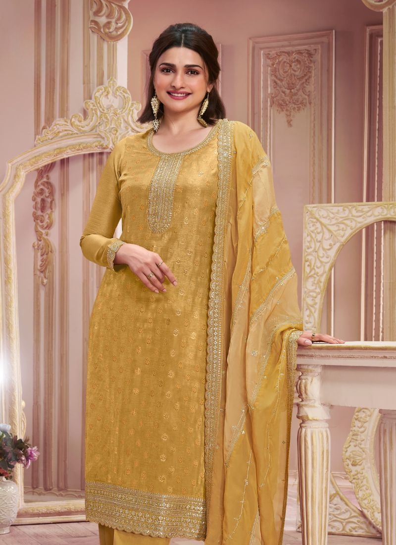 Designer organza pantsuit with silk dupatta in yellow