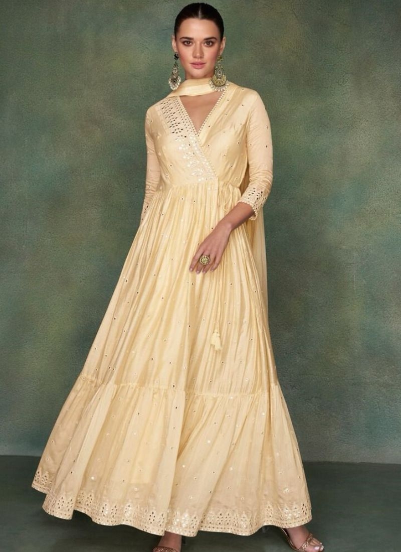 Gorgeous embroidered georgette anarkali suit in cream