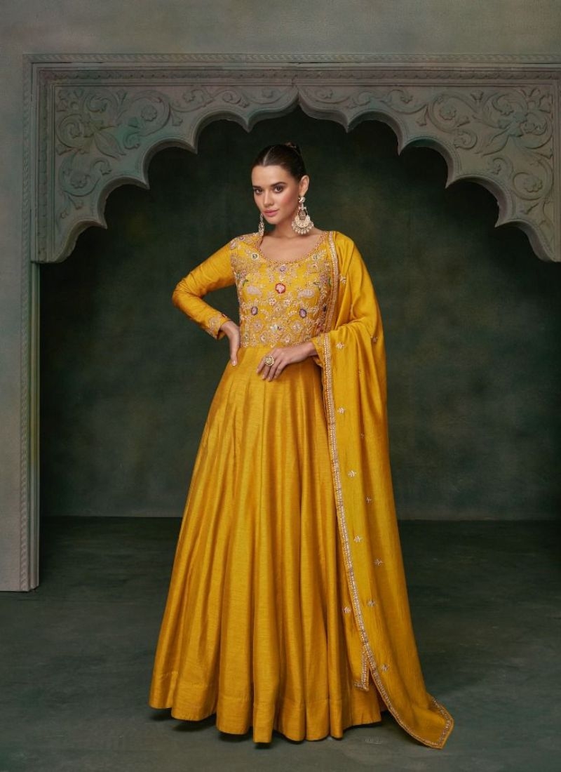 Gorgeous embroidered georgette anarkali suit in yellow