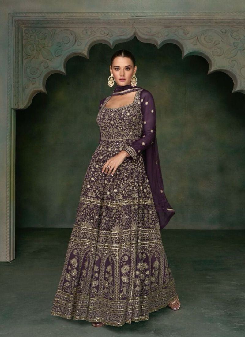 Gorgeous embroidered georgette anarkali suit in violet