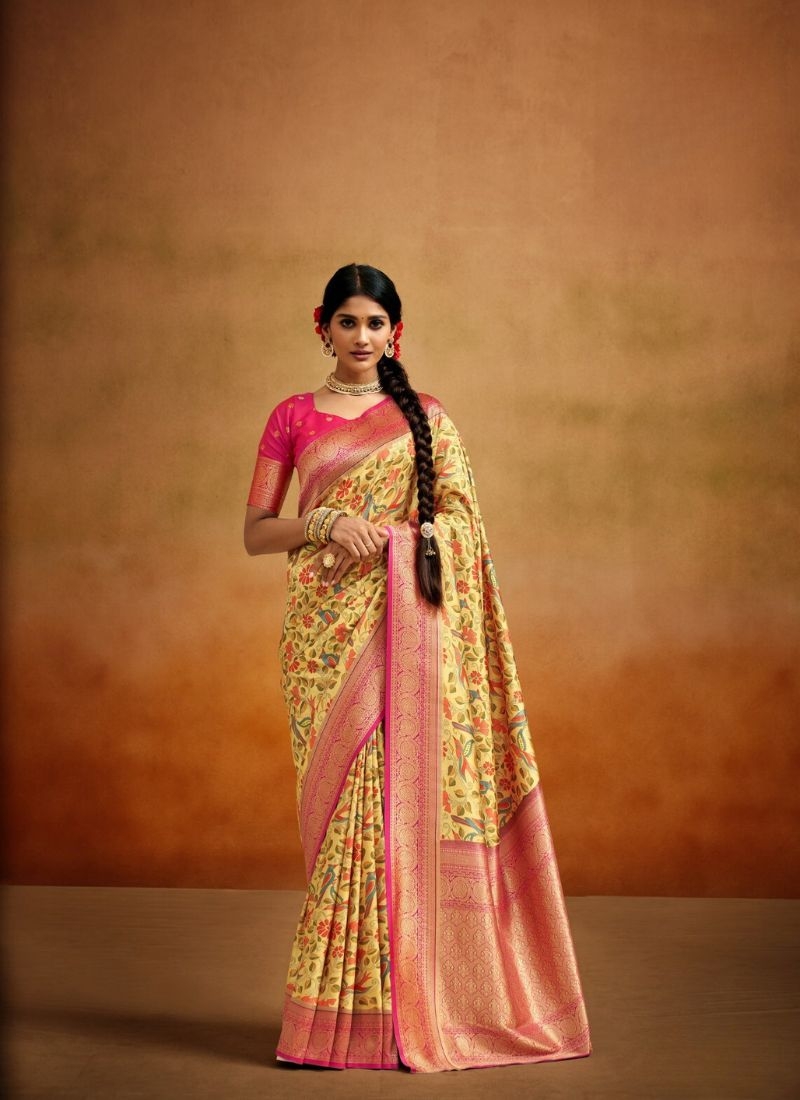 Latest soft handloom silk saree with floral printing in yellow