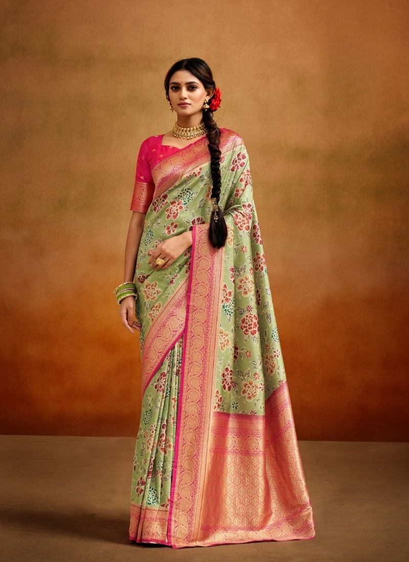 Latest soft handloom silk saree with floral printing in light green