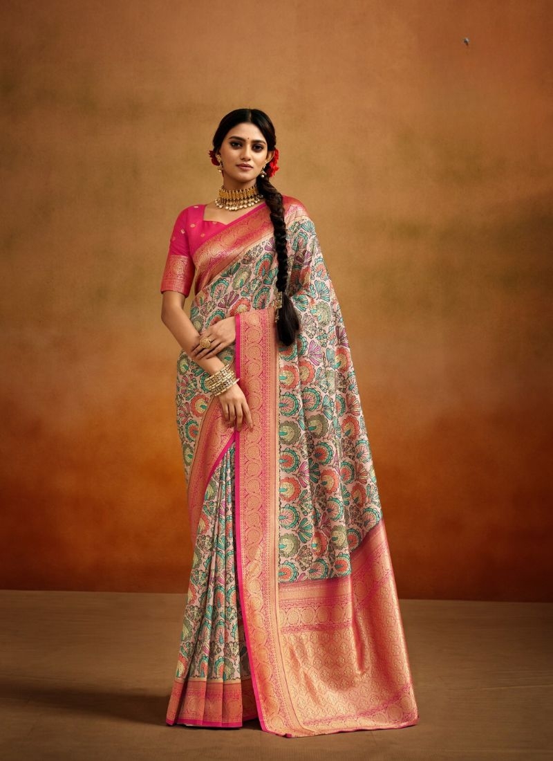 Latest soft handloom silk saree with floral printing in nude pink