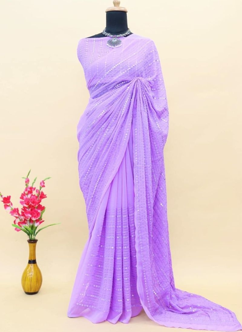 Stunning embroidered georgette saree in purple