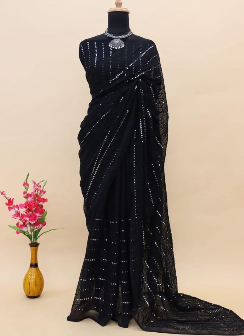 Stunning embroidered georgette saree in black