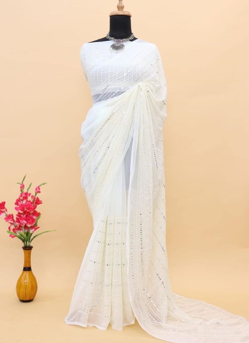 Stunning embroidered georgette saree in white