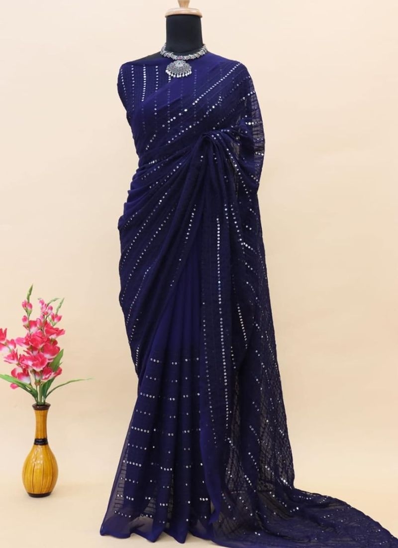 Stunning embroidered georgette saree in navy blue