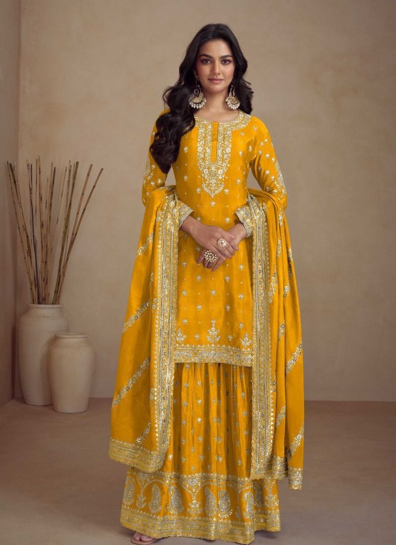 Hand embroidered palazzo suit & dupatta in yellow