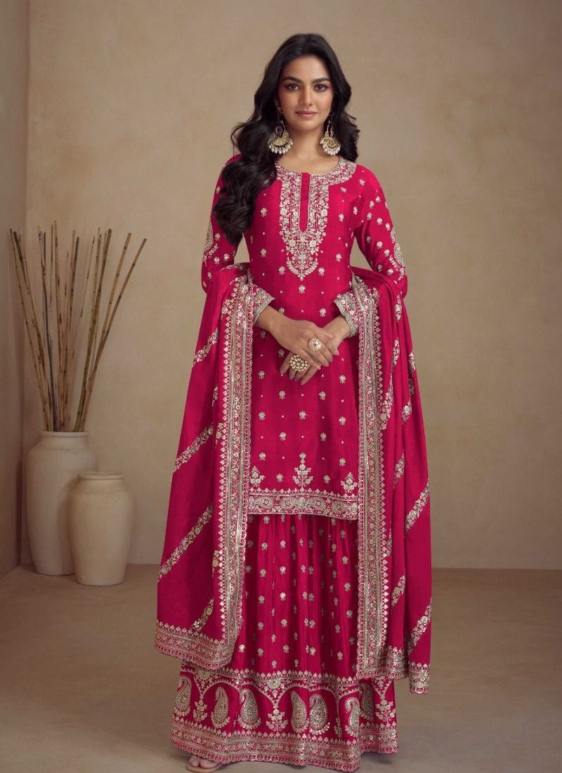 Hand embroidered palazzo suit & dupatta in pink