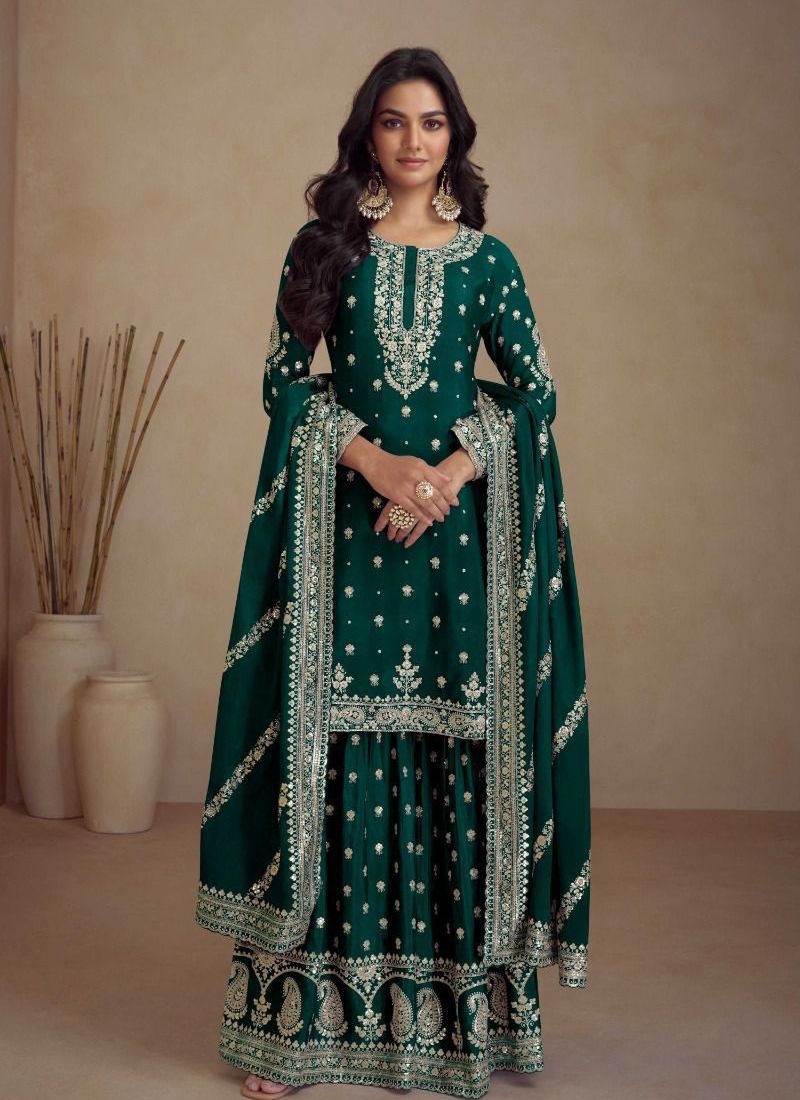 Hand embroidered palazzo suit & dupatta in dark green