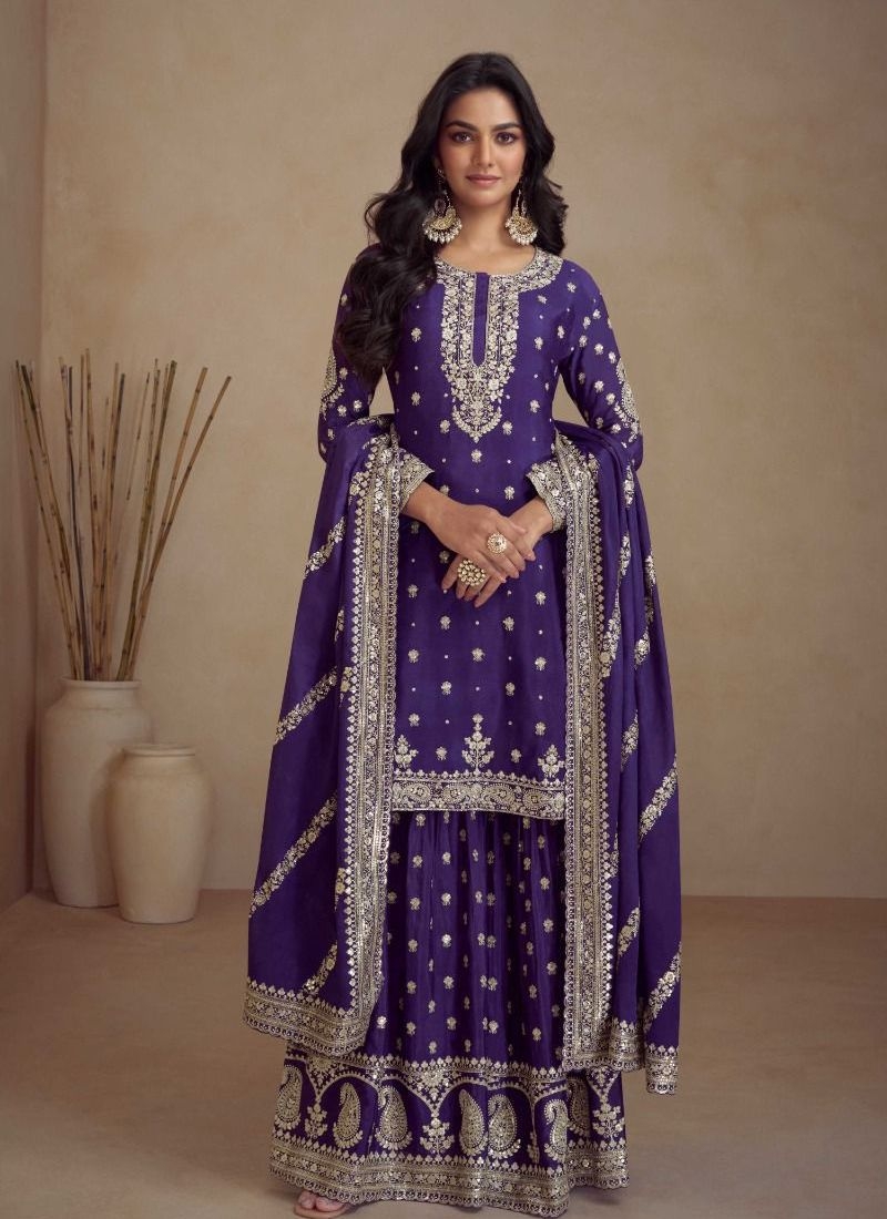 Hand embroidered palazzo suit & dupatta in dark purple