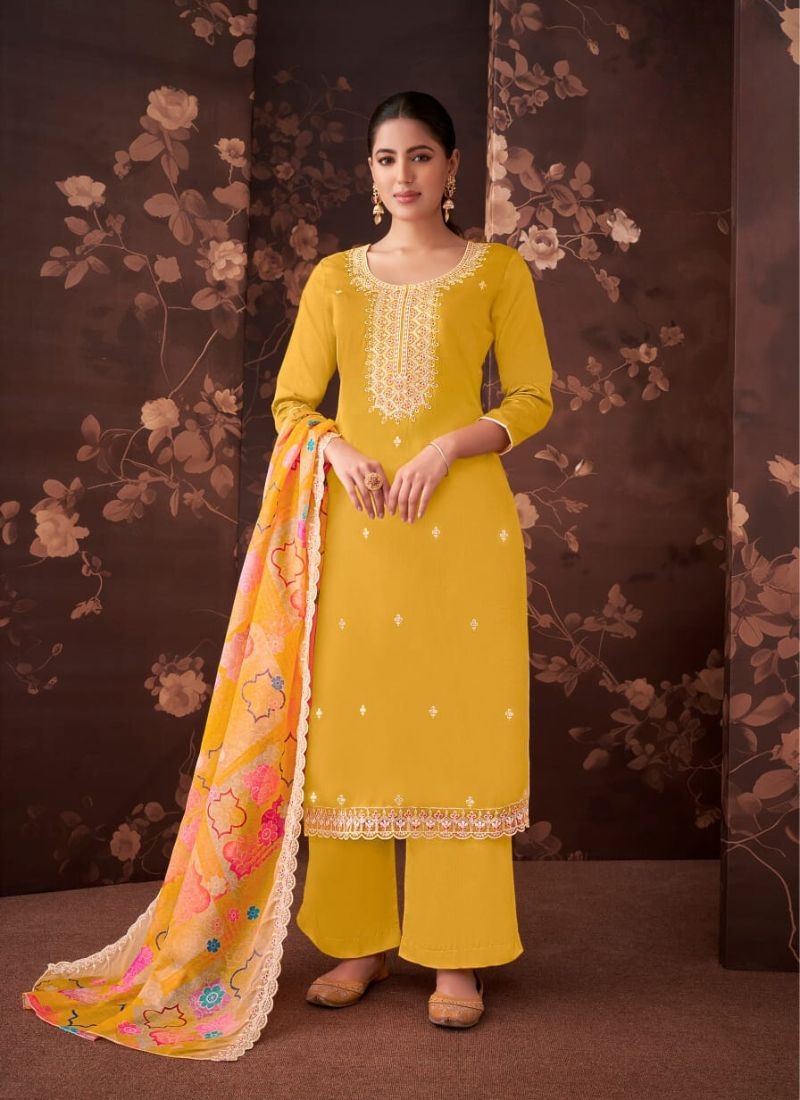 Designer digital printed cotton kurta pant suit in yellow