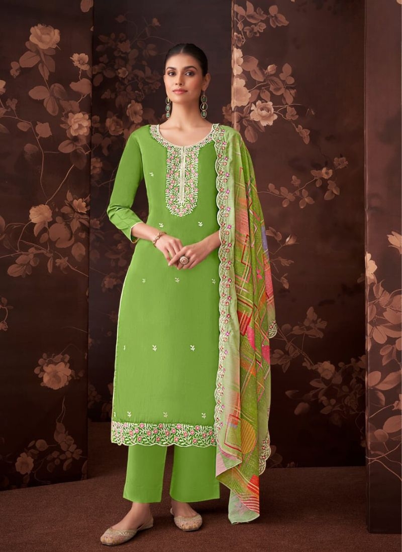 Designer digital printed cotton kurta pant suit in green