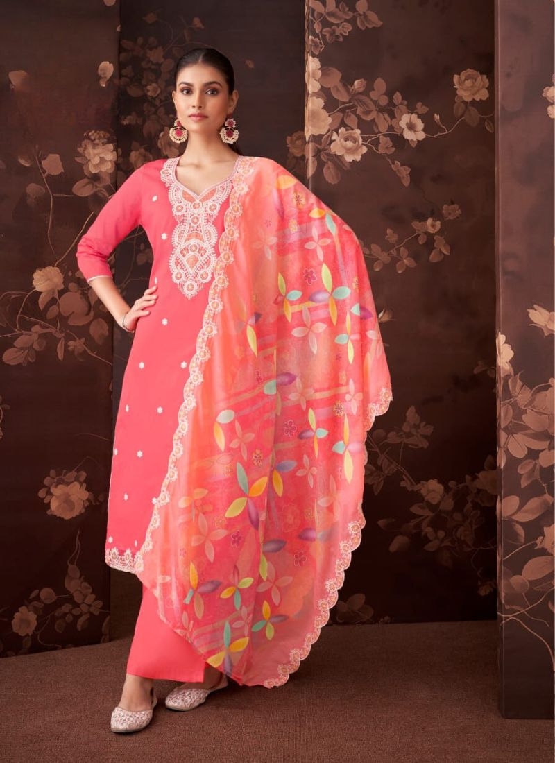 Designer digital printed cotton kurta pant suit in peach