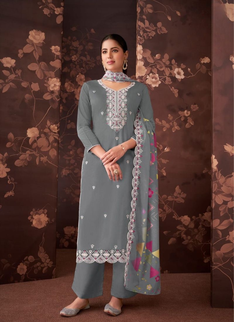 Designer digital printed cotton kurta pant suit in grey