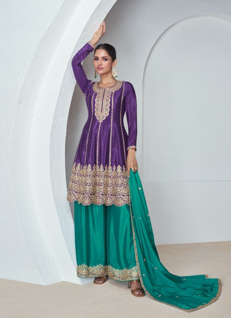 Exquisite embroidered silk straight palazzo suit in dark purple