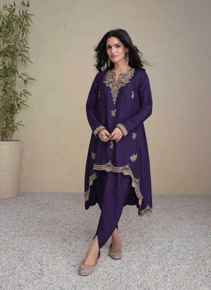 Beautiful pearl embroidered silk salwar suit in dark purple